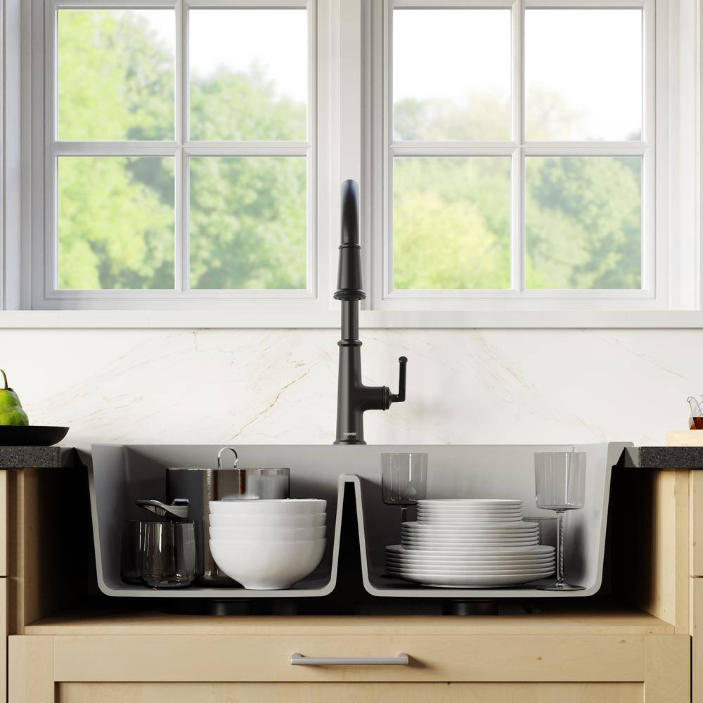 Karran QT- 710 qt. 33 in. 5050 Double Bowl Drop-In Kitchen Sink in Grey with Faucet in Matte Black QT710GRKKF330MB