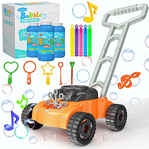 JUMELLA Lawn Mower Bubble Machine for Kids - Automatic Bubble Mower with Music， Baby Activity Walker for Outdoor， Push Toys for Toddler， Christmas Birthday Gifts for Preschool Boys Girls 2-6 Years Old