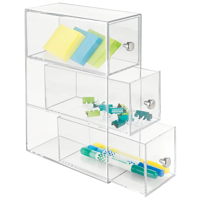 mDesign Plastic Stackable Desktop Storage Tower for Office， 3 Drawers