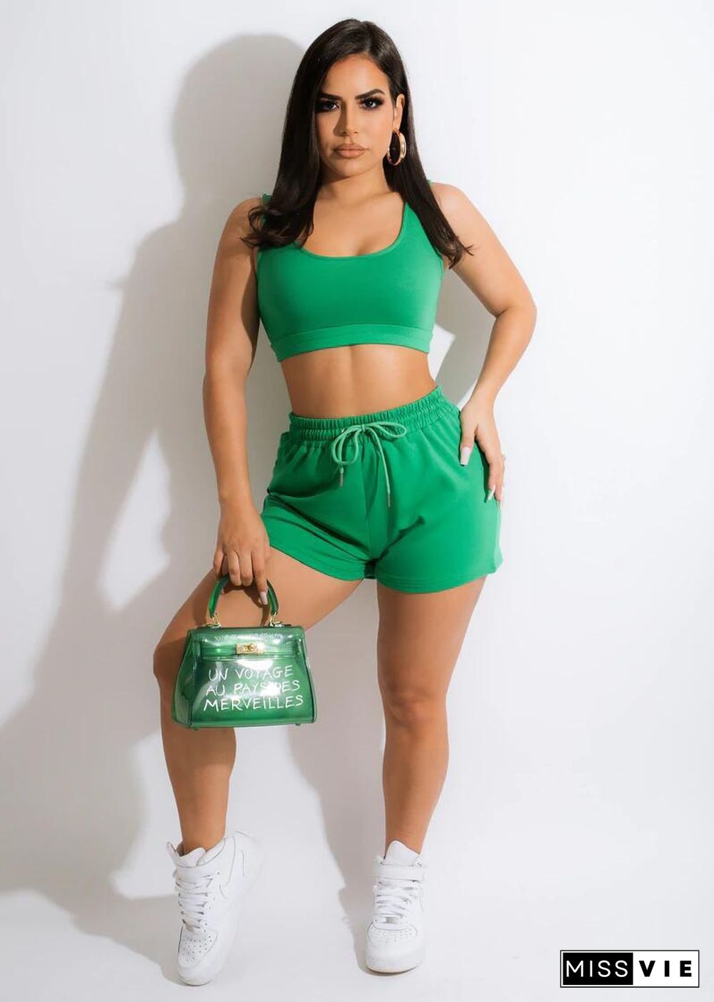 Solid Workout Vest Crop Top Shorts Two Piece Set