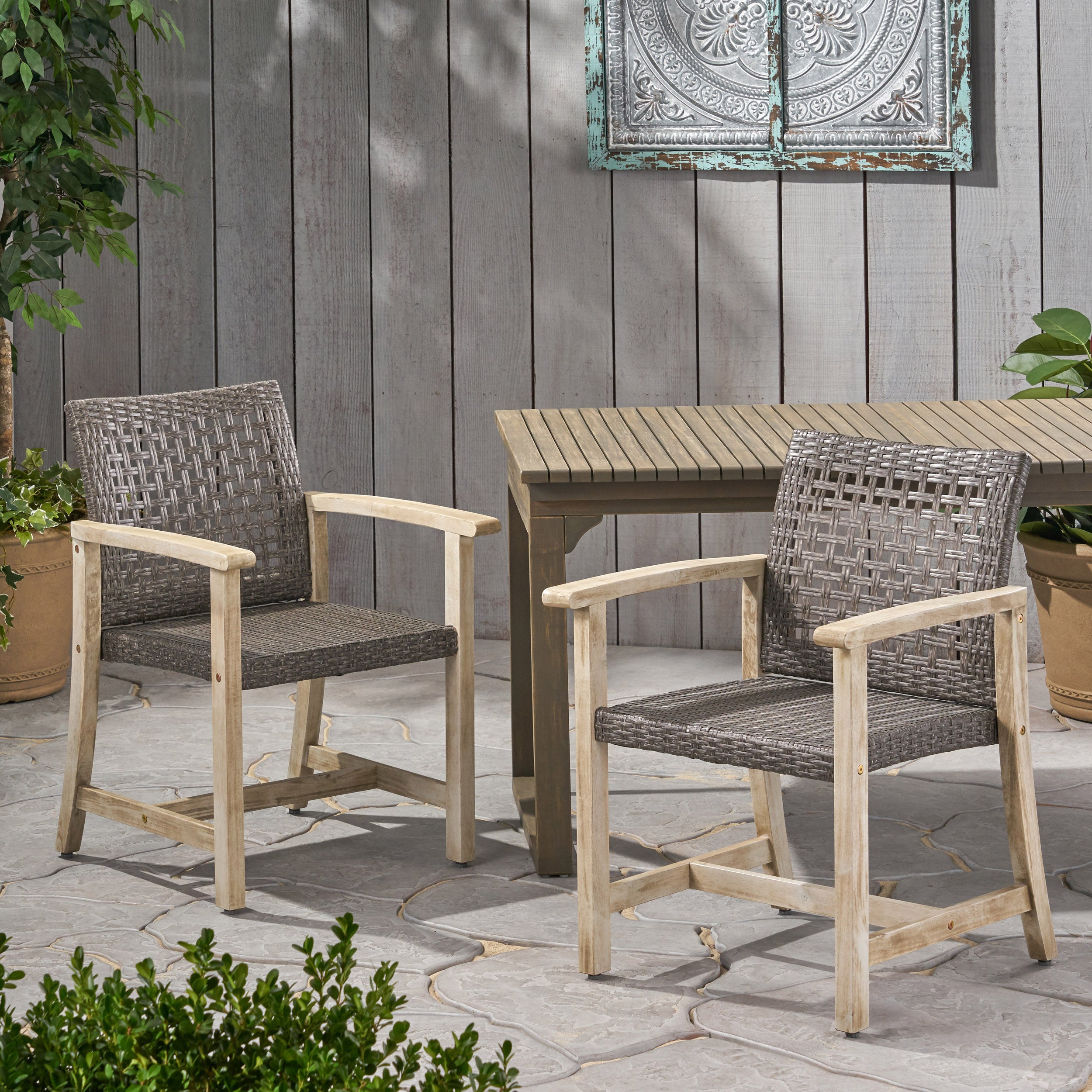 Alyssa Outdoor Acacia Wood and Wicker Dining Chair (Set of 2)