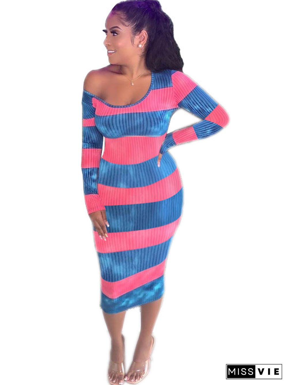 Ribbed Knitted Long Sleeve Striped Maxi Dress