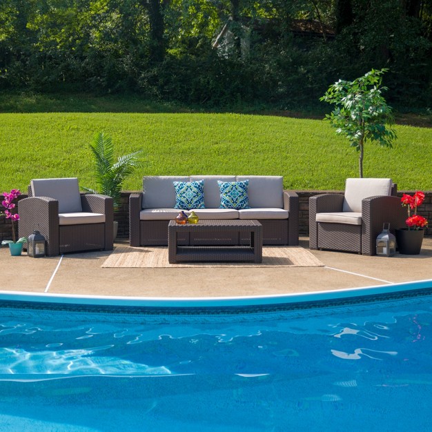 Flash Furniture 4 Piece Outdoor Faux Rattan Chair Sofa And Table Set In Chocolate Brown