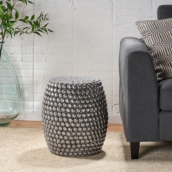 Outdoor Convex Drum Shaped Side Table with Studded Nailhead Accents and Iron Frame