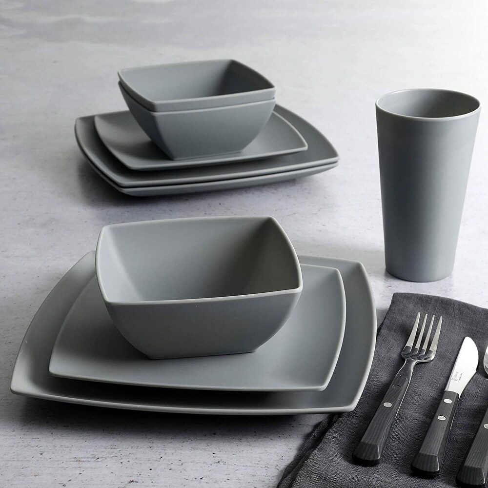 Gibson Home 16pc Square Melamine Dinnerware Plates  Bowls    Cups  Grey (4 Pack)