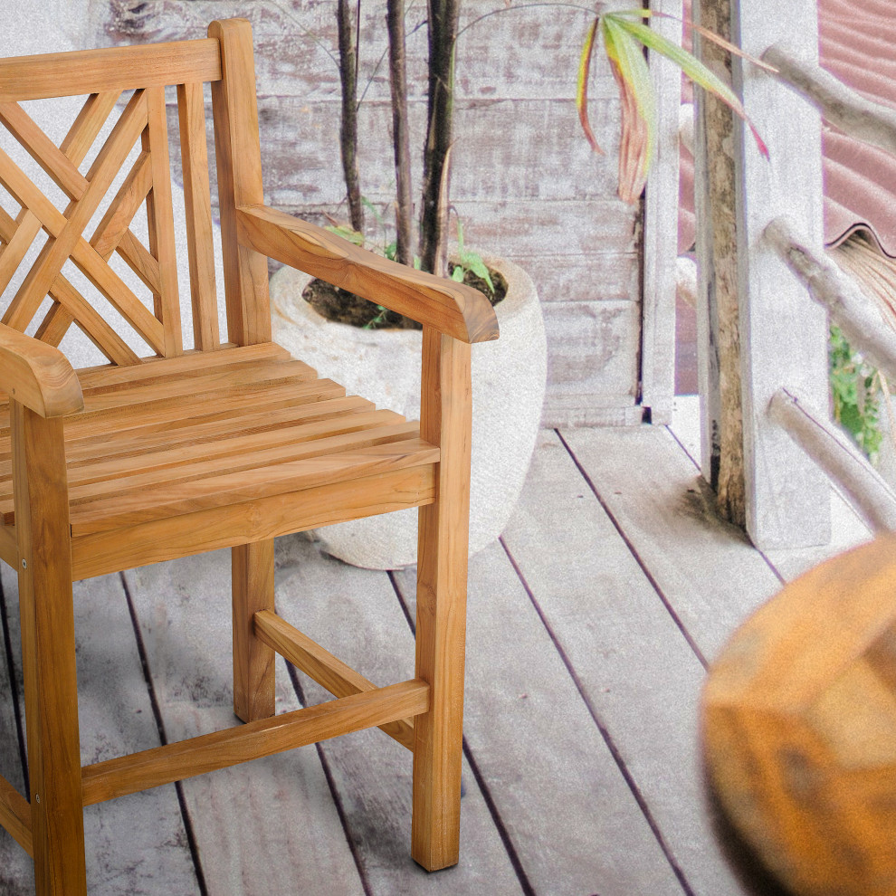 Teak Wood Chippendale Counter Stool With Arms   Transitional   Outdoor Bar Stools And Counter Stools   by Chic Teak  Houzz