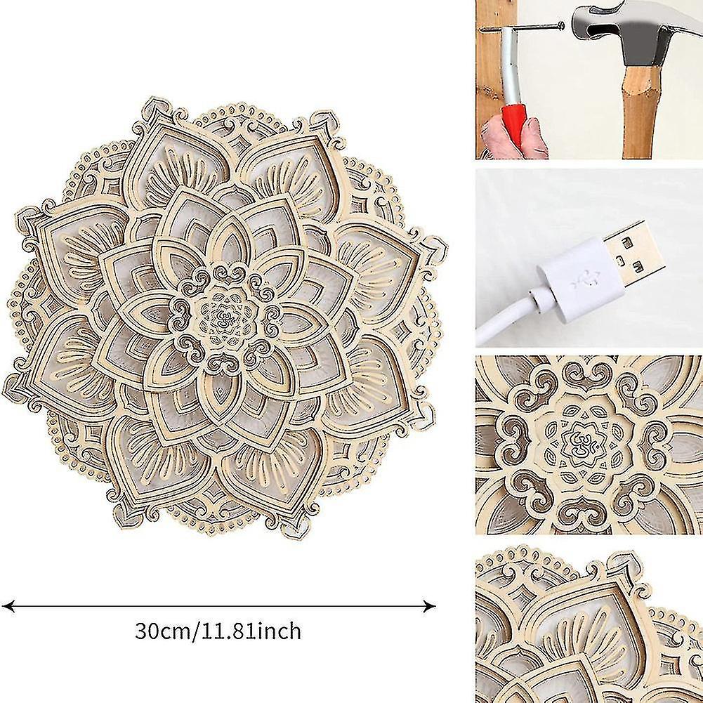 Led Night Light Modern Wall Decor With Usb Ports Elegant Wooden Mandala Hanging Mdf Panels Lamp Dec