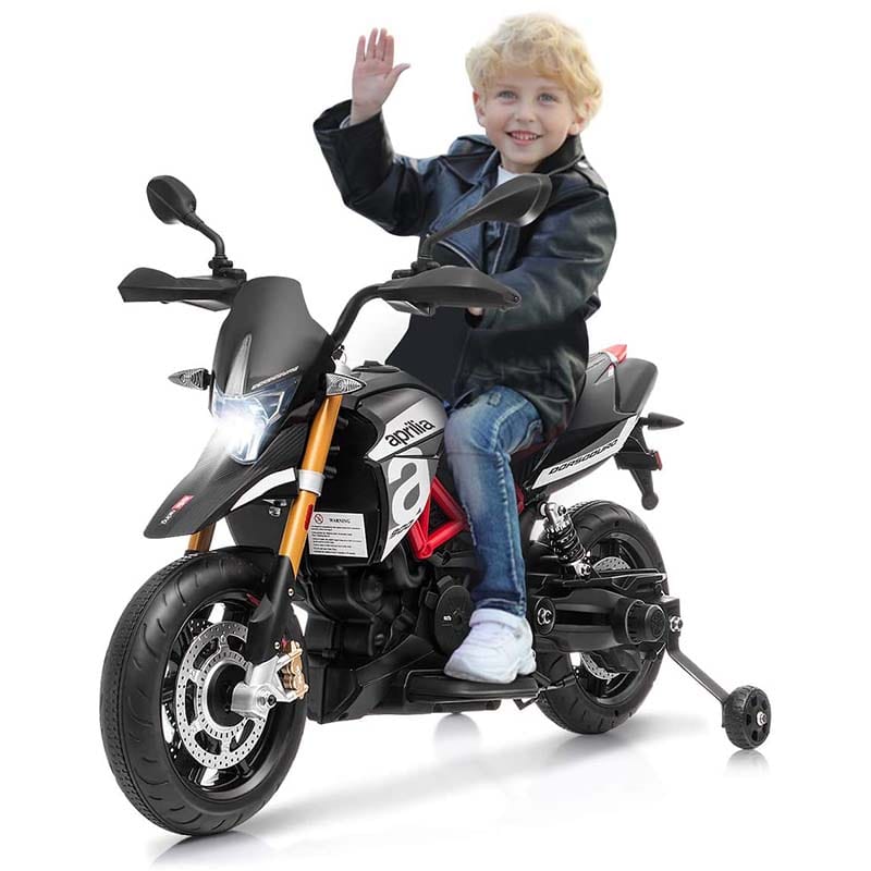 Licensed Aprilia Kids Ride on Motorcycle 12V Battery Powered Dirt Bike Riding Toy Motorbike with Training Wheels