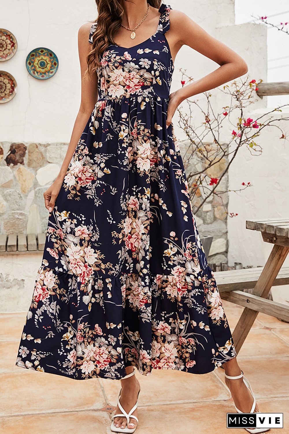 Floral Print V-neck Sleeveless Lace-up Dress Wholesale