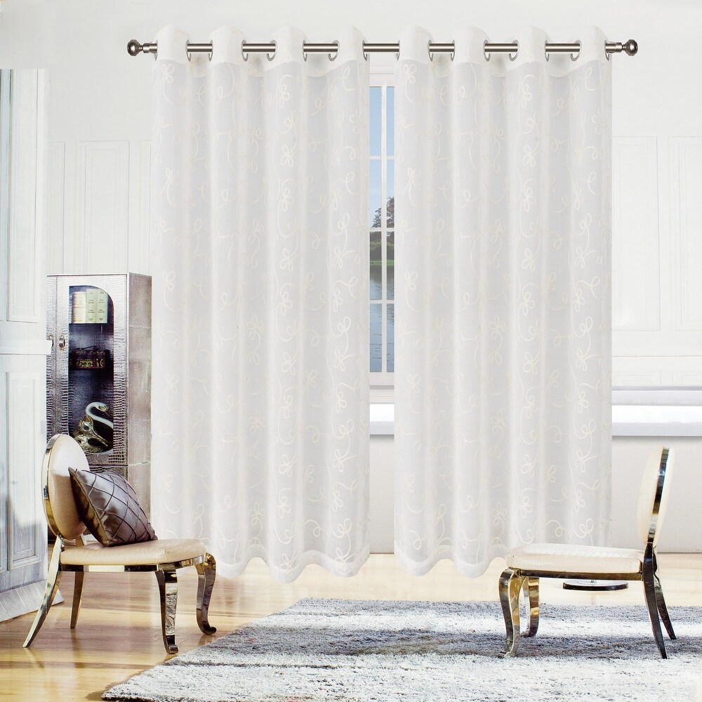 Superior Bohemian Floral Scroll Sheer Curtain Set with 2 Panels