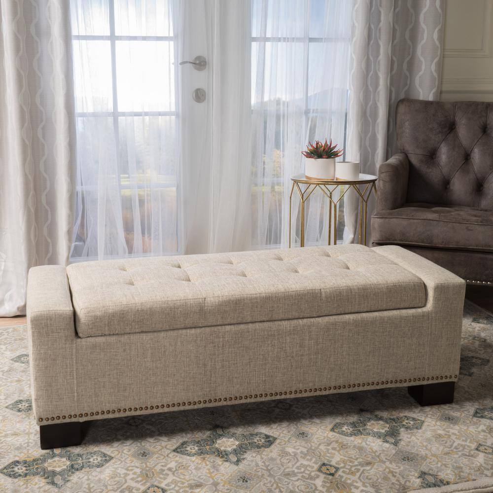 Noble House Explorer Wheat Beige Fabric Storage Bench with Studs 11659