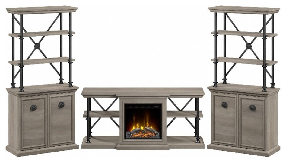 Coliseum Fireplace TV Stand with Bookcases in Driftwood Gray   Engineered Wood   Entertainment Centers And Tv Stands   by Homesquare  Houzz