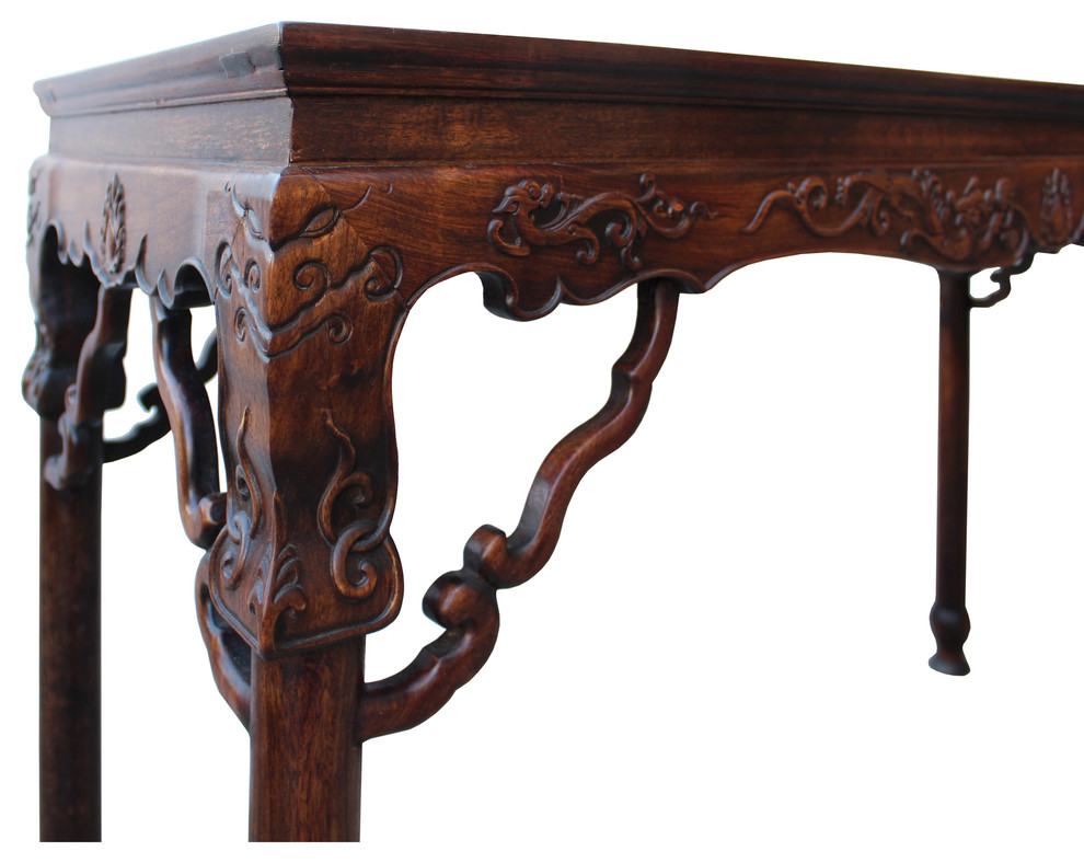 Chinese Brown Huali Rosewood Dragon Motif Round Apron Altar Table Hcs4534   Asian   Console Tables   by Golden Lotus Antiques  Houzz