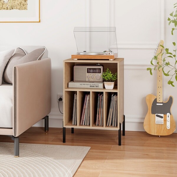 Record Player Stand with Record Storage Shelf and Charging Station