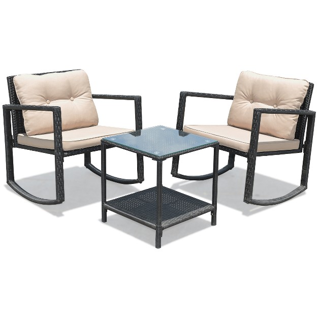 Costway 3pc Patio Rattan Conversation Set Rocking Chair Cushioned Sofa Garden Furniture