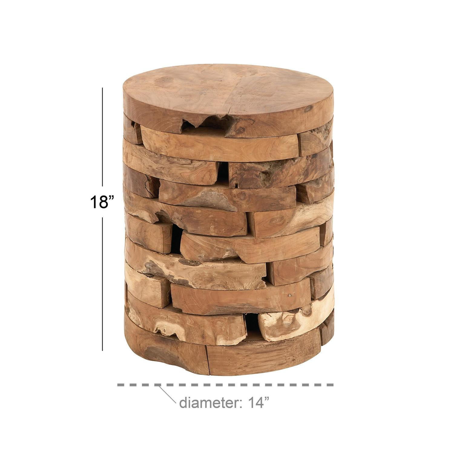 DecMode Brown Contemporary Round Stacked Brick Style Wood Accent Table， 14 W x 18 H