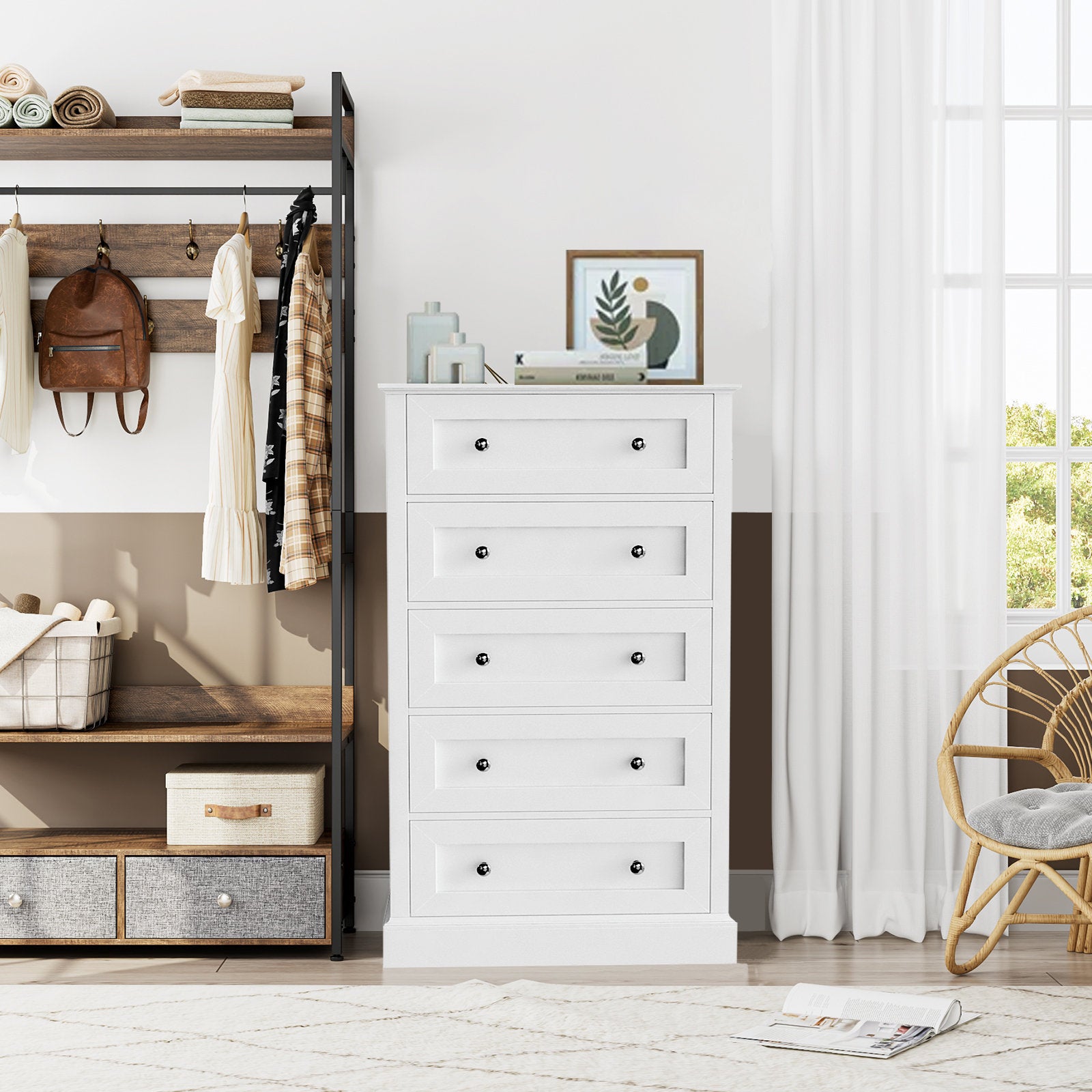 Homfa 5 Drawers Dresser with Sliver Handles, Modern Free Standing Storage Drawer for Bedroom, White Finish