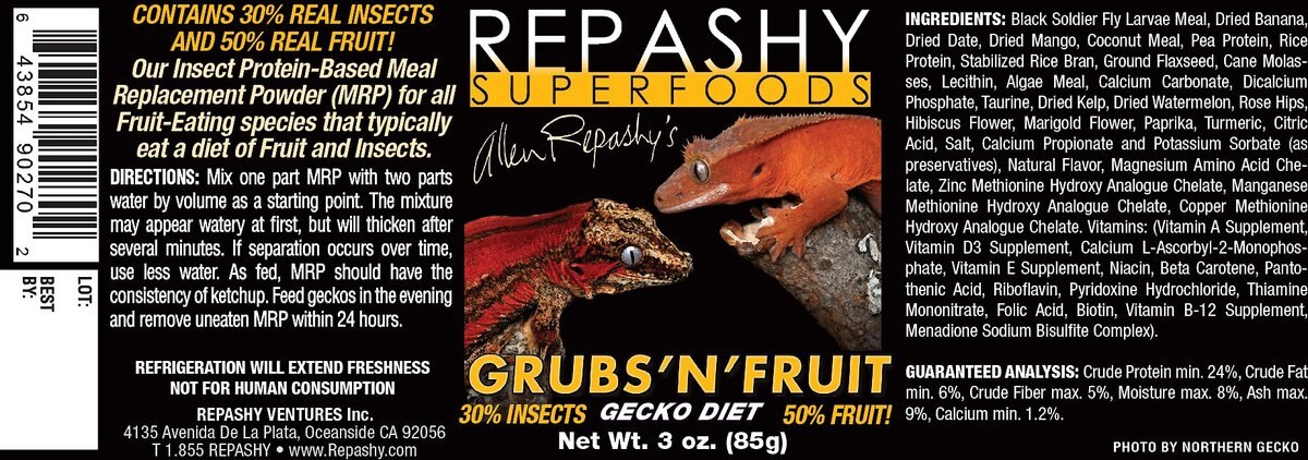 Repashy Superfoods Grubs 'N' Fruit Meal Replacement Powder Crested Gecko Food， 3-oz bottle