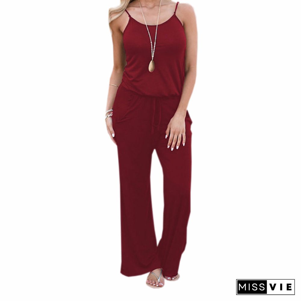 Summer Spaghetti Strap Jumpsuits Women Rompers Casual Jumpsuit Female Overalls Loose Wide Leg Long Pants 2XL Fashion PR049G