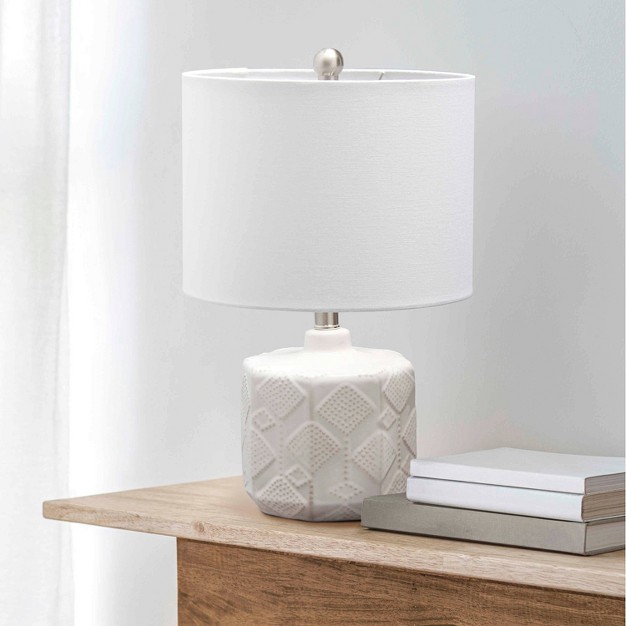 Contemporary Bohemian Ceramic Eyelet Pattern Floral Textured Bedside Table Lamp With Fabric Shade Off white Lalia Home