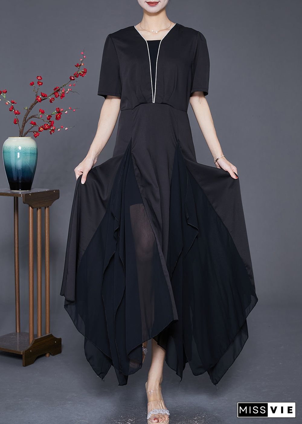 Style Black Asymmetrical Patchwork Exra Large Hem Chiffon Dress Summer