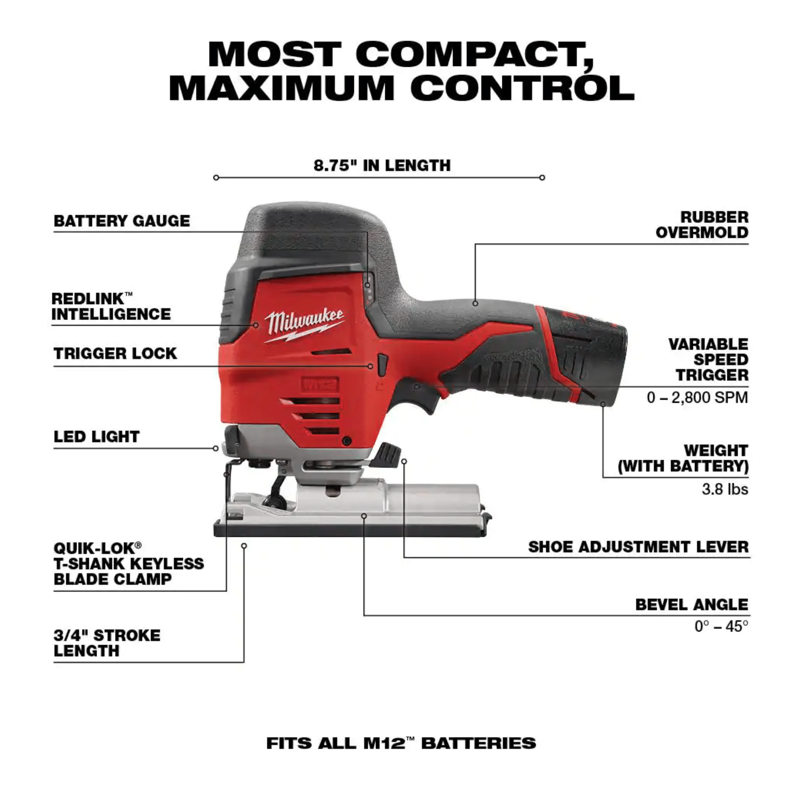 Milwaukee M12 12V Lithium-Ion Cordless Jig Saw with M12 3/8 in. Ratchet and 6.0 Ah XC Battery Pack (2445-20-2457-20-48-11-2460)