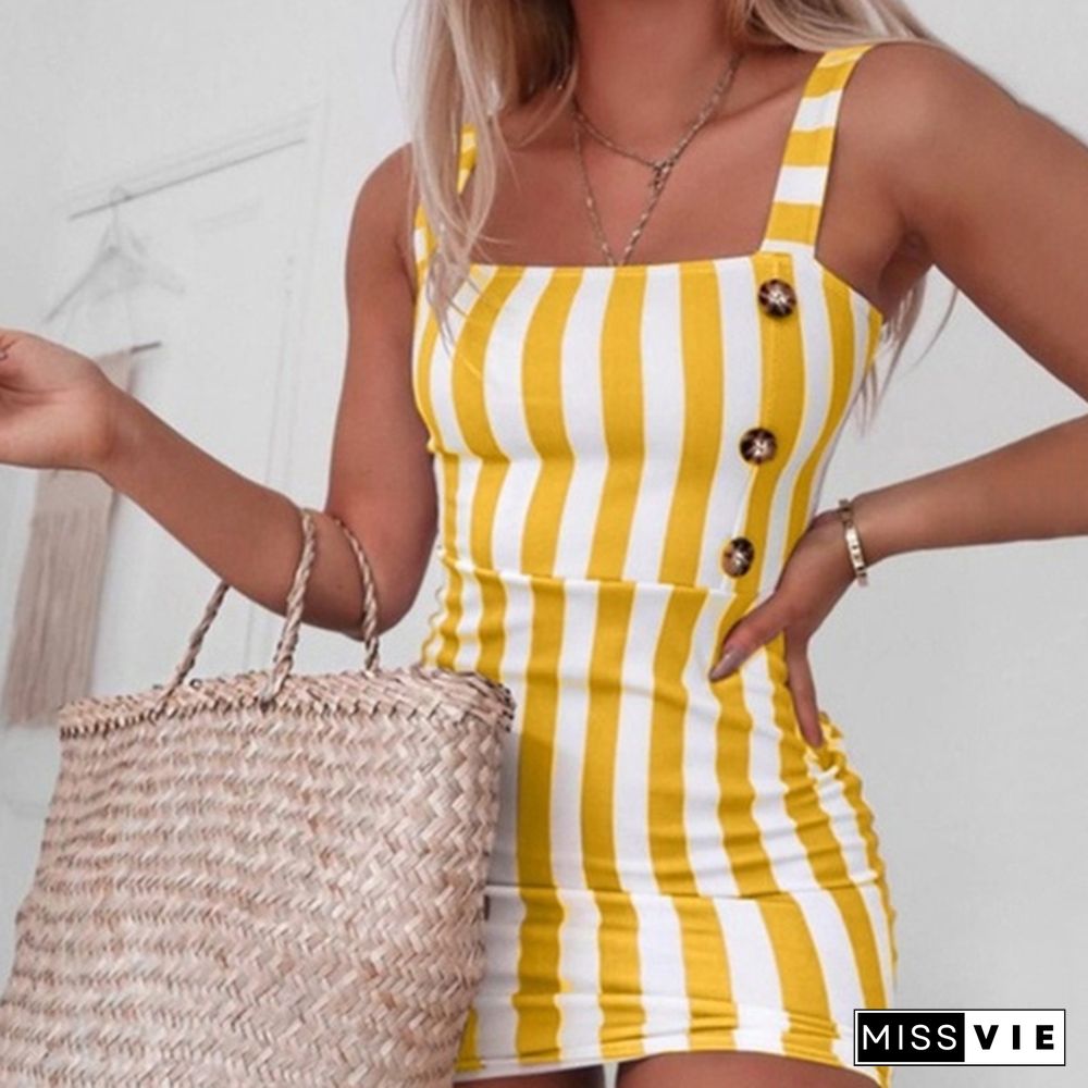 Women Vintage Vertical Striped Mini Button Cami Spring And Summer Dresses