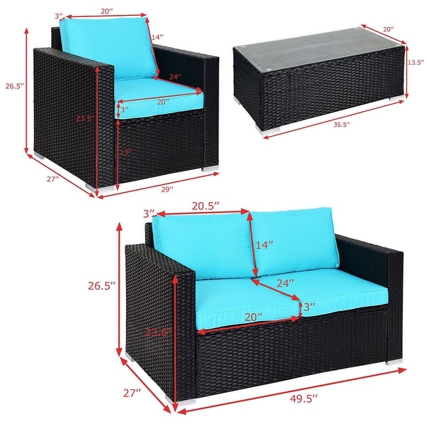 4PC Rattan Patio Furniture Set Outdoor Wicker With Blue Cushion