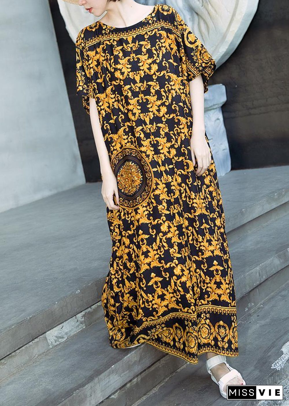 Retro Caftans Yellow Print Long Dresses