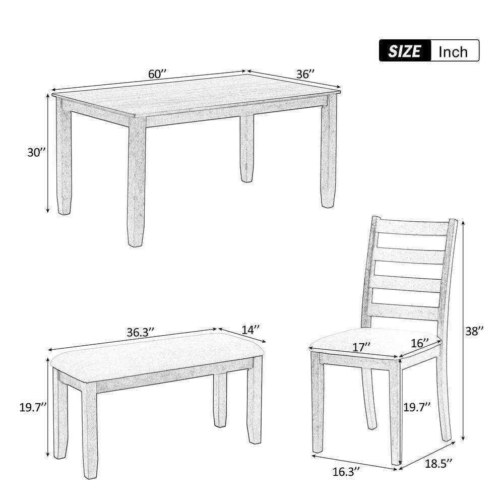 Harper  Bright Designs Rustic Style 6-Piece White Solid Wood Dining Set with 4-Upholstered Chairs and Bench XW033AAD