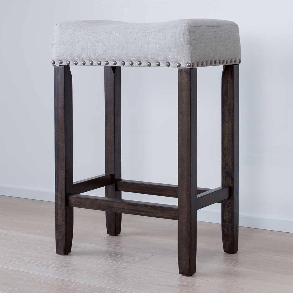 Nathan James Hylie 24 in. Gray Fabric Cushion Dark Brown Finish Nailhead Wood Pub-Height Counter Bar Stool 21302