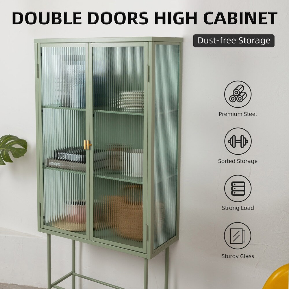 Tall Freestanding Display Cupboard Stylish Fluted Glass Storage Cabinet with Glass Doors Three Detachable Shelves Bottom Space