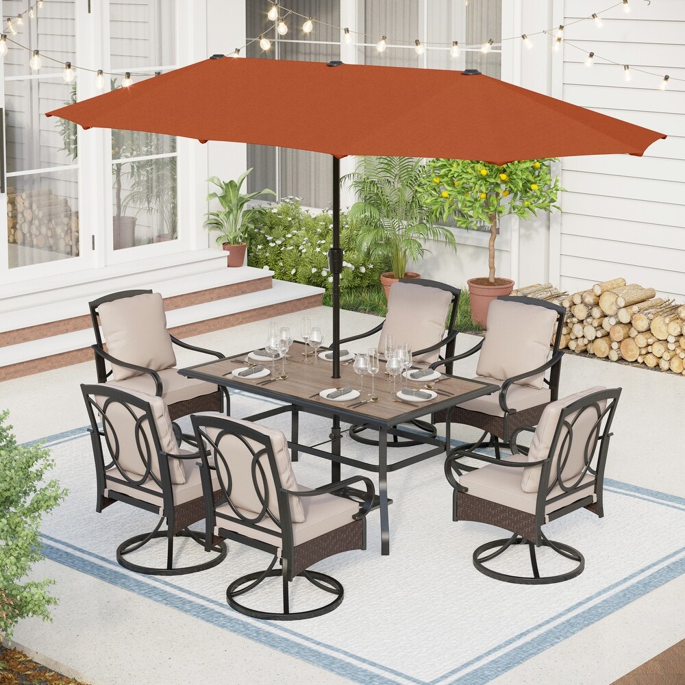 7/8 Piece Patio Dining Set of 6 Swivel Steel Rattan Chairs with Deep seating and Back Cushions 1 Wood like Table Top