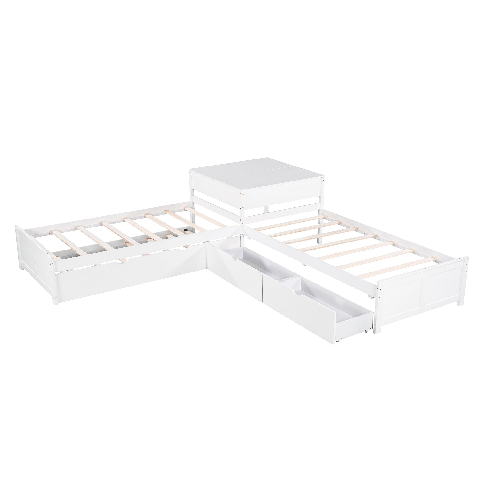 EUROCO Pine Wood L-Shaped Twin Platform Bed for Kids, White