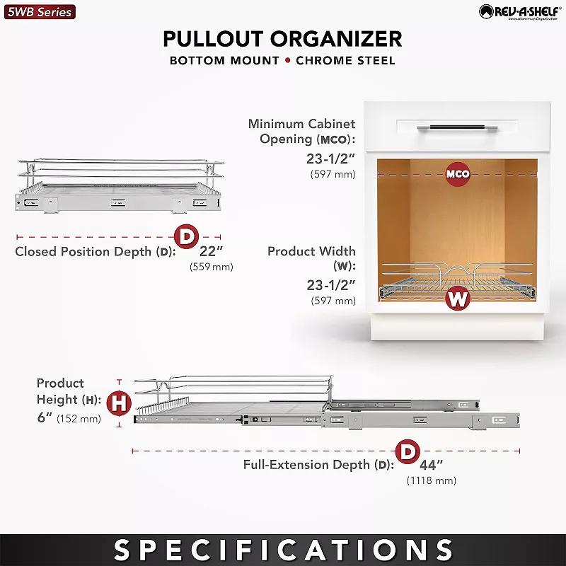 Rev-A-Shelf Kitchen Cabinet Pull Out Shelf Organizer， 24 x 22 In， 5WB1-2422CR-1