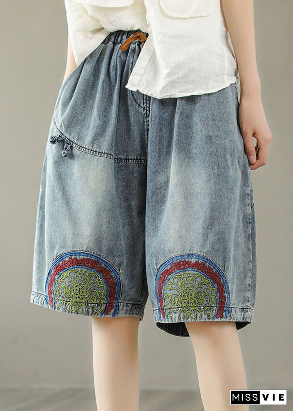 Stylish Blue Print Elastic Waist Shorts Summer