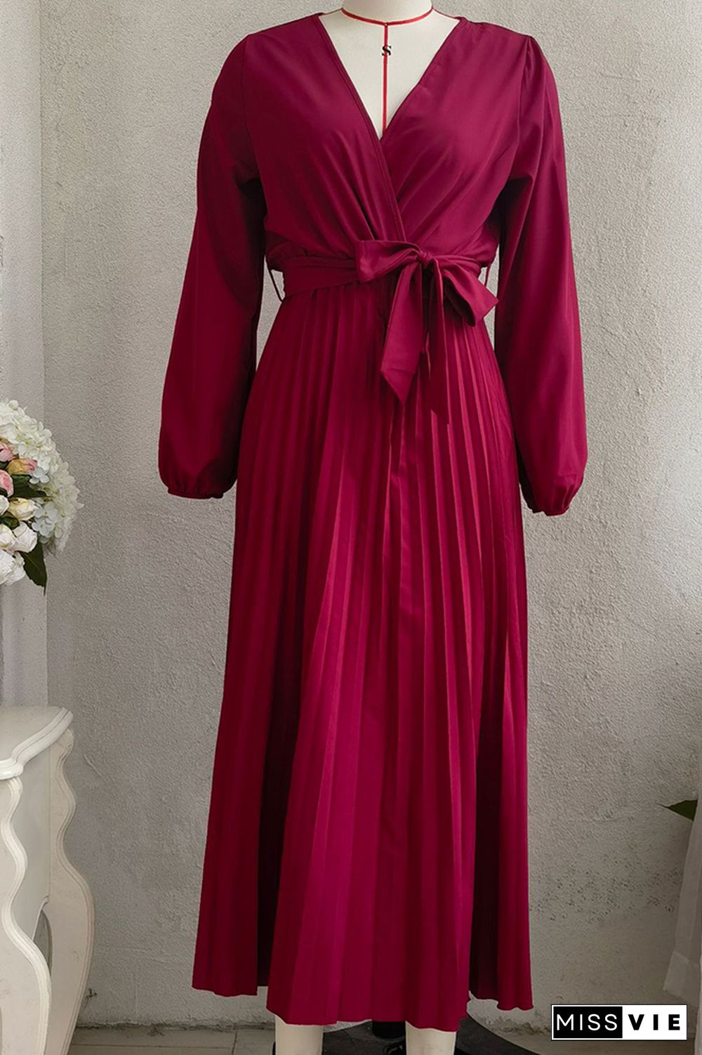 Plain Wrap V Neck Pleated Maxi Dress