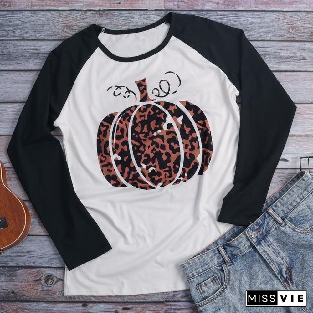 Halloween Women T-Shirt Pumpkin Leopard Printed Baseball T-Shirt 3/4 sleeve Female Cute t shirt Casual Ladies Tops Tee 3XL