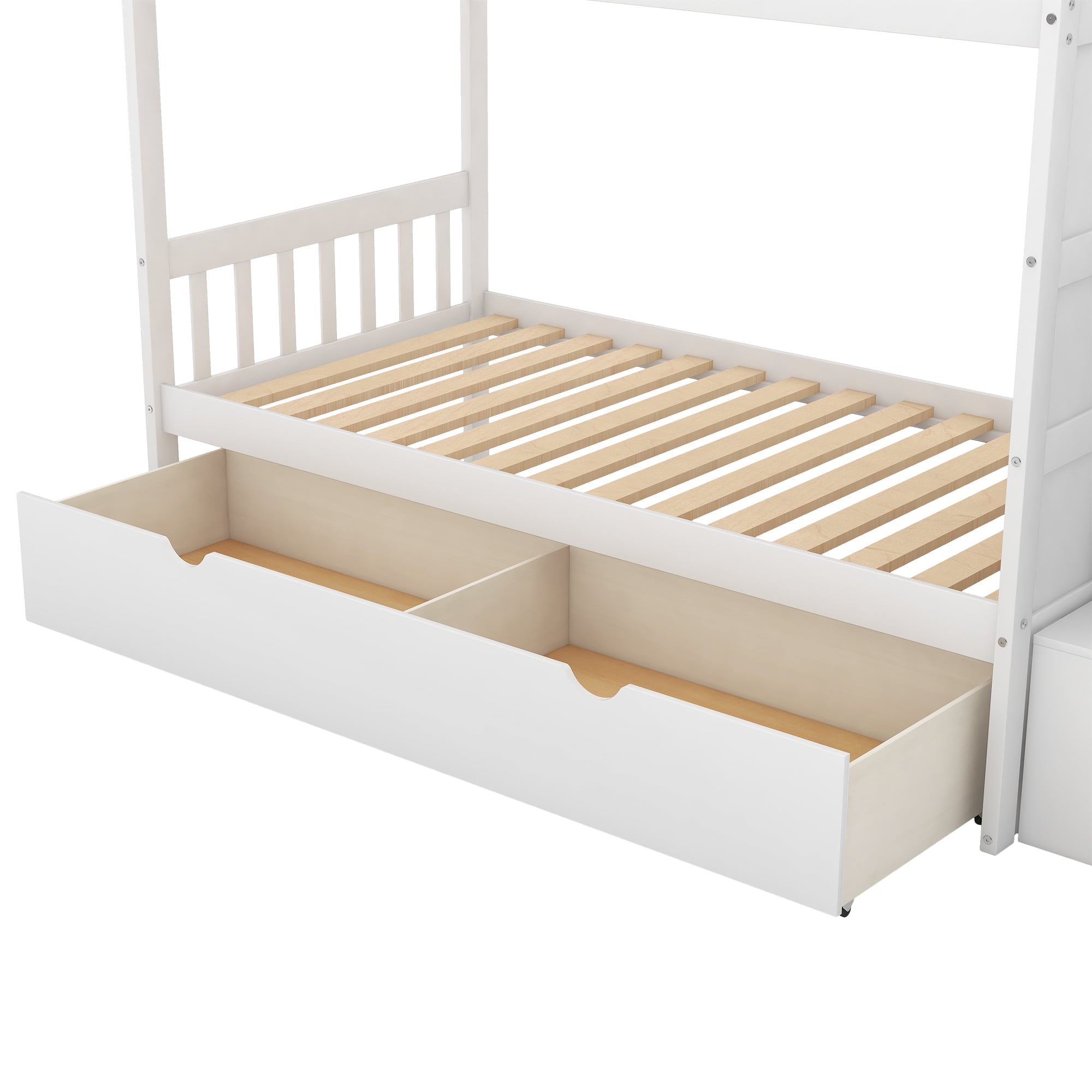 Modern Twin Bunk Bed with Drawer and Cabinet for Kids Bedroom, White