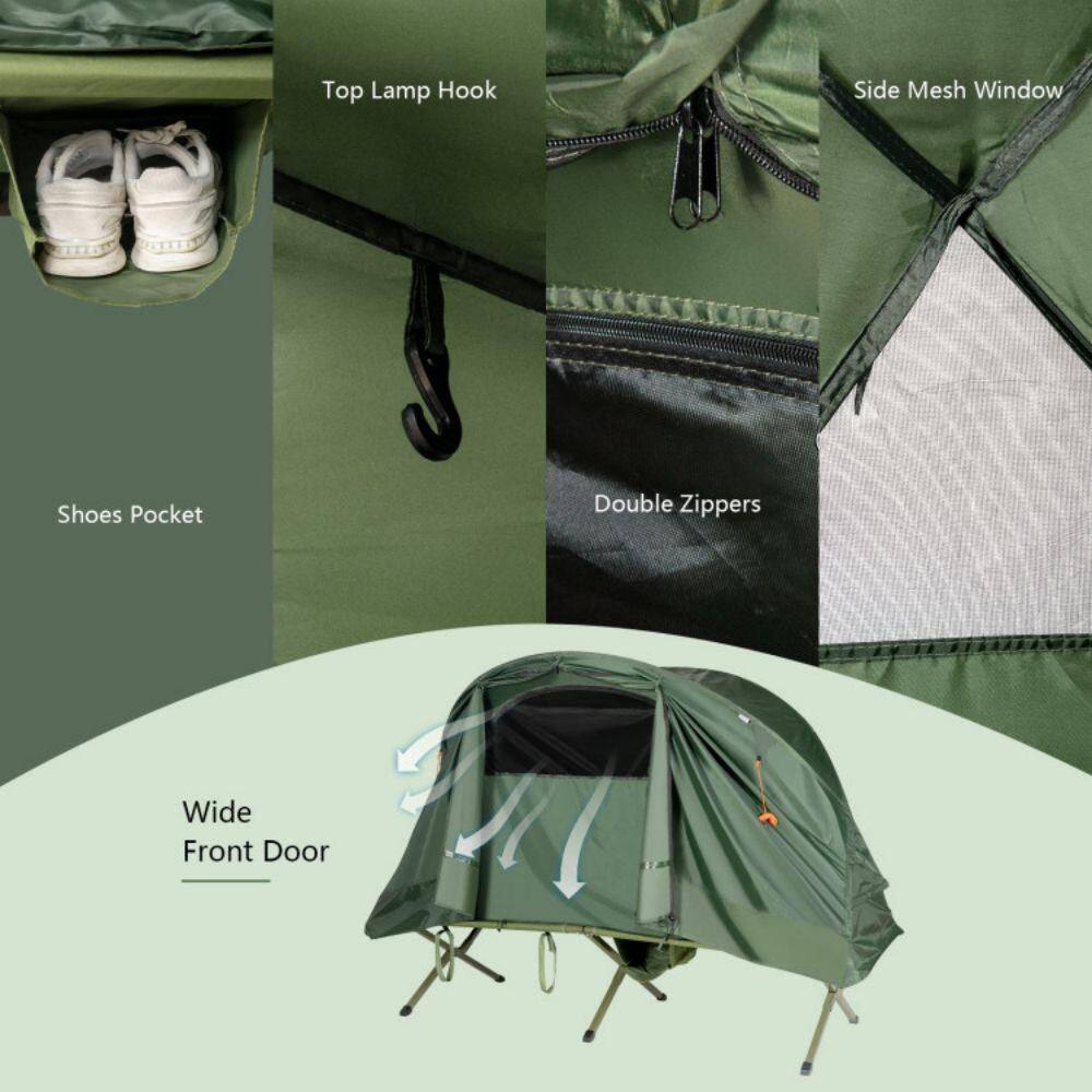 Alpulon 1-Person Green Outdoor Folding Camping Tent Cot Elevated Compact Tent with External Cover ZMWV477