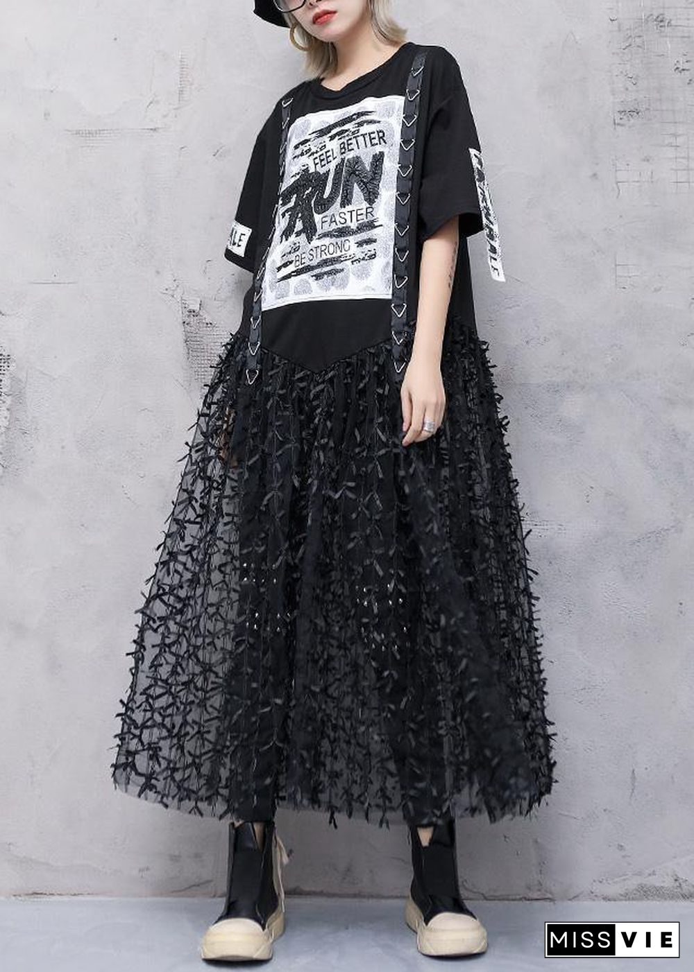 Classy black prints cotton dresses patchwork tulle Art summer Dress