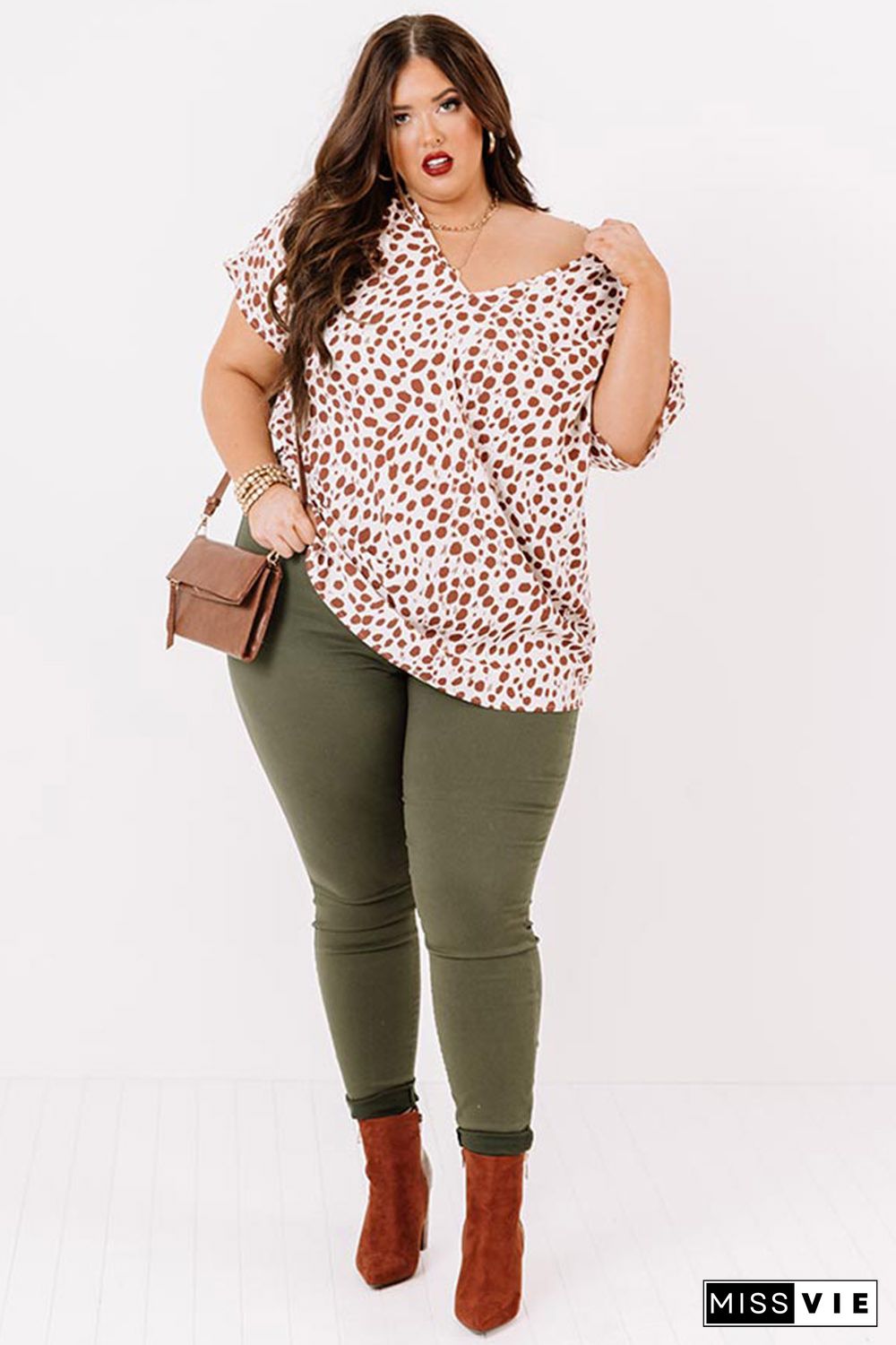 Plus Size Leopard V Neck Short Sleeve Shift Top