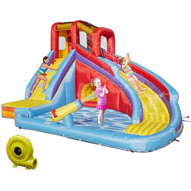 Kinbor Inflatable Bounce House Pool Water Slide Bouncy Castle w/ Climbing Wall Long Slide & Air Blower, Colorful