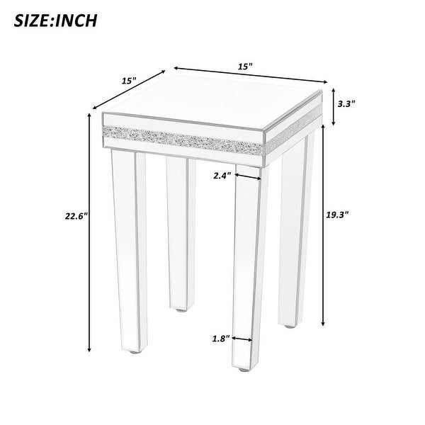 Modern Glass Mirrored Side Table with Crystal Design and Adjustable Height Legs