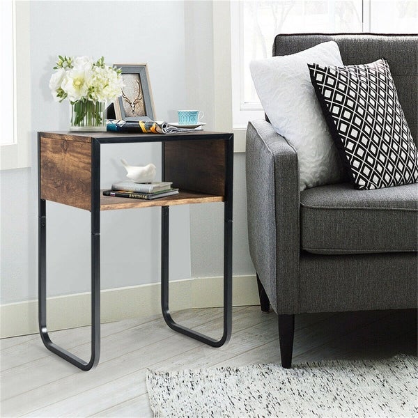 Industrial Side Table with Anti Rust Steel Frame and Open Storage