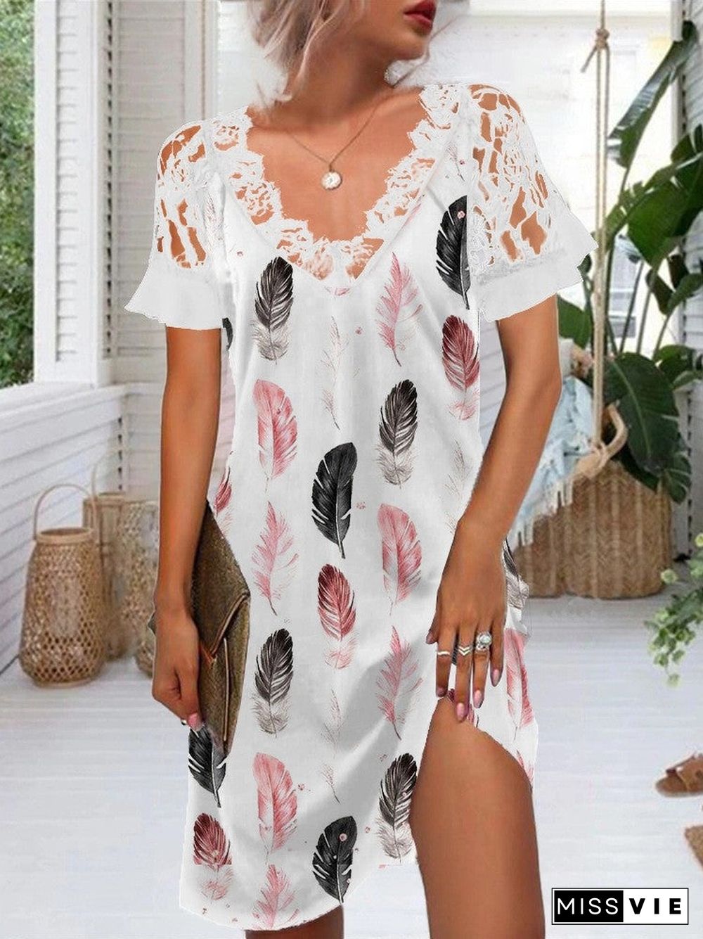 Women's Lace Short Sleeve V Neck Print Fashion Casual Dress