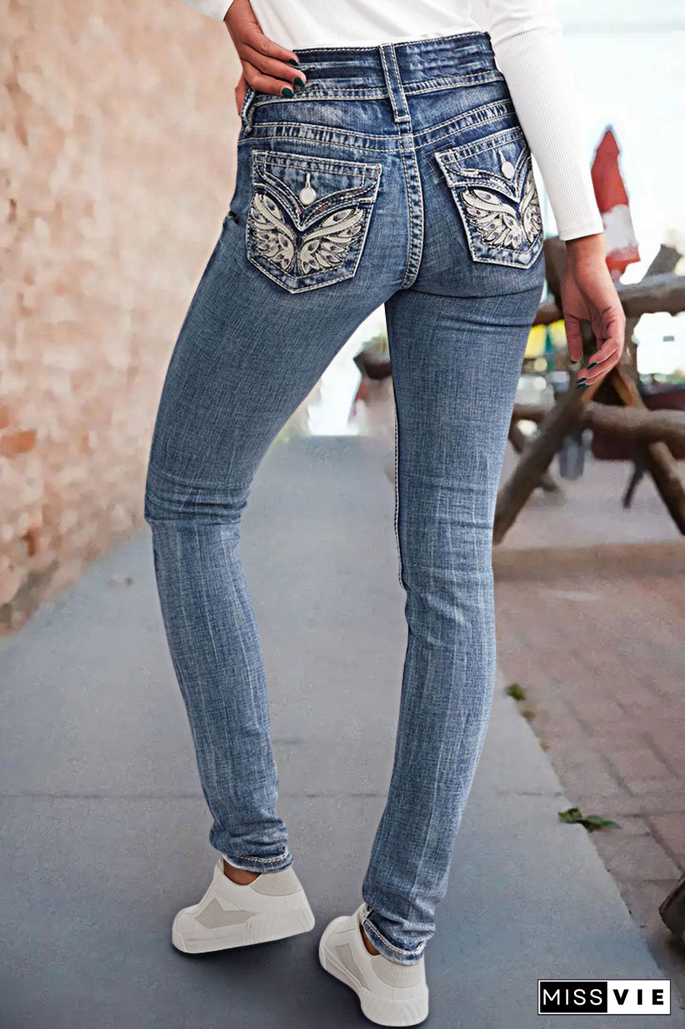 Embroidered Sequin Decor Pocket Mid Waist Skinny Jeans