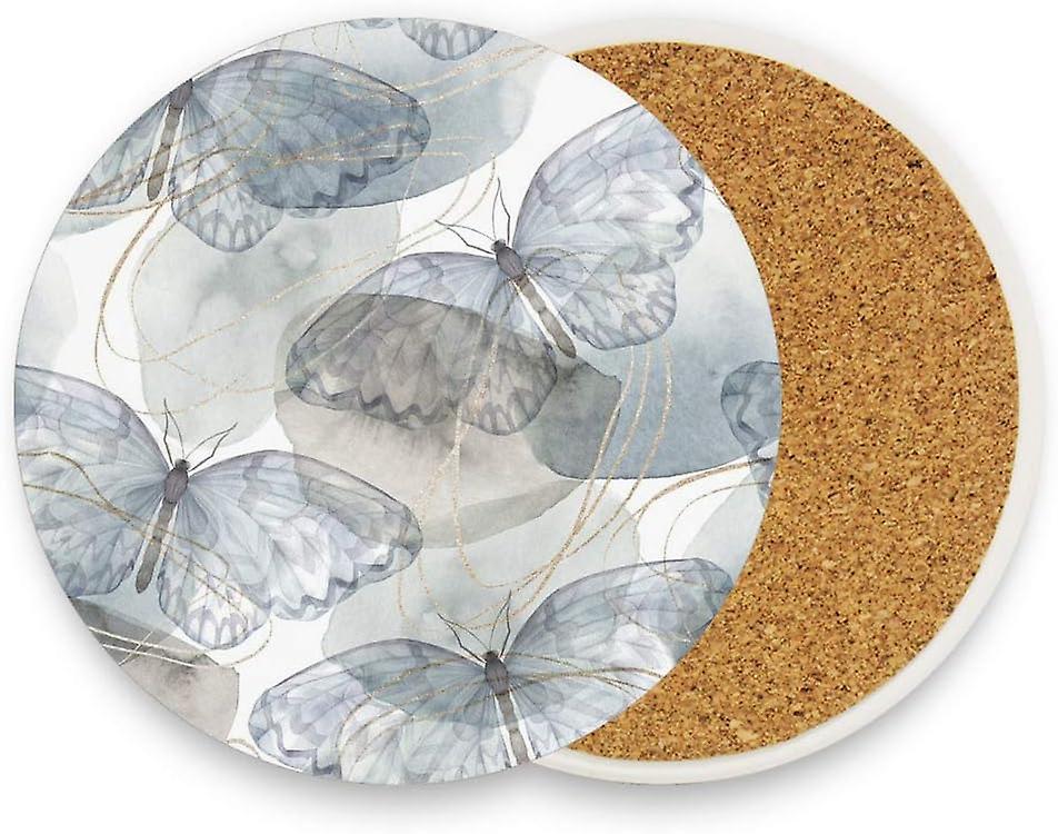 Printed Round Butterflies And Golden Lines On White Ceramic Coasters With Cork-backed For Coffee Drink Cup Mat Absorbent Stone Coaster Set Of 1/2/4