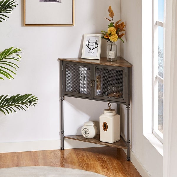 Triangle Side Table Set of 2 Corner Table with 3-tier Storage Shelf， Rustic Brown