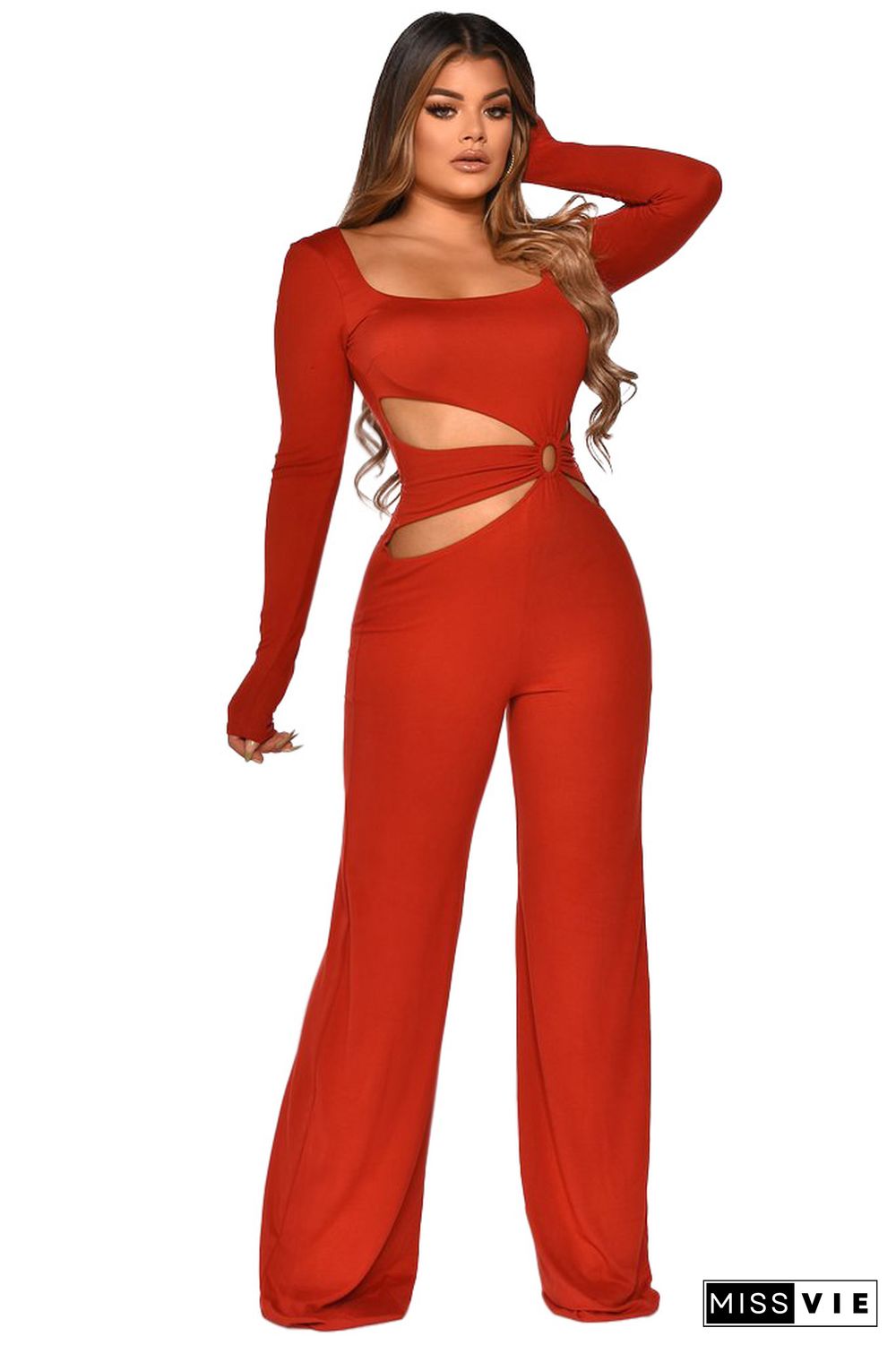 Hollow Out Square Neck High Waist Wide Leg Jumpsuit